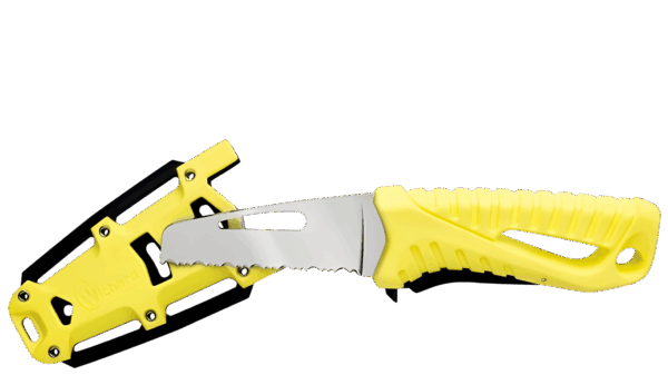 Robust Offshore Rescue Knife fra Wichard – pilotert for røffe forhold til sjøs, med slett / serratert blad og sikret slire for trygt oppbevaring om bord.