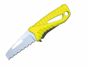 Robust Offshore Rescue Knife fra Wichard – pilotert for røffe forhold til sjøs, med slett / serratert blad og sikret slire for trygt oppbevaring om bord.