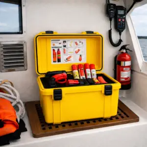 Nødraketter, håndbluss og røykbokser er pyrotekniske nødsignaler som må oppbevares tørt, og i en beholder som er lett å ta med seg i en nødsituasjon.