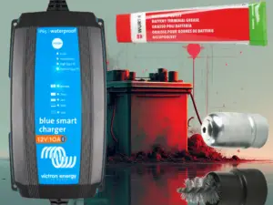Alt-tekst: Komplett Startgaranti-pakke med Victron IP65 lader, Bahco polbørste og elektrofett for alle typer kjøretøy.