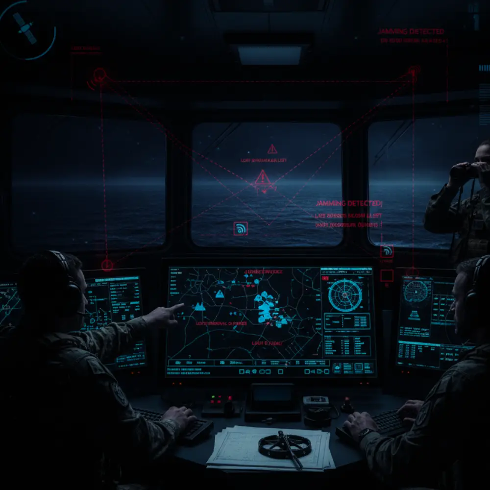 Illustrasjon av bro på krigsskip med GNSS jammed problematikk