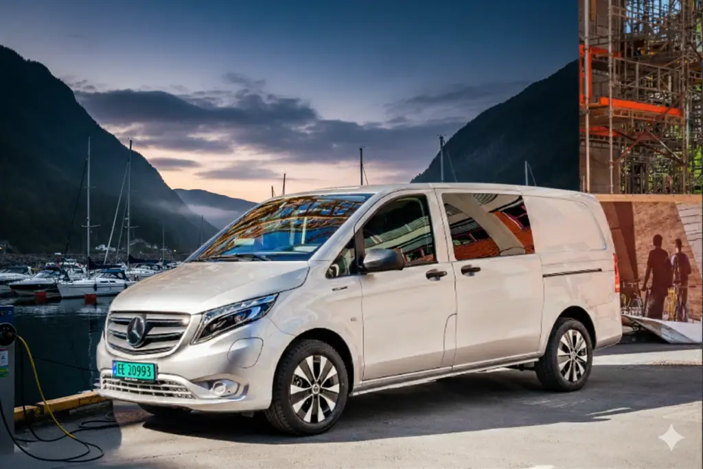 Sikkerhet Om Bord AS servicebil, hvit Mercedes eVito med grønne skilter, parkert i båthavn klar for maritimt oppdrag.