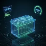 Interaktiv batterisimulator for båt: Digital 3D-modell som viser litium vs AGM lading, BMS-sikkerhet og spenningsovervåking.