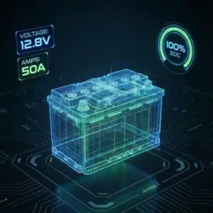 Interaktiv batterisimulator for båt: Digital 3D-modell som viser litium vs AGM lading, BMS-sikkerhet og spenningsovervåking.