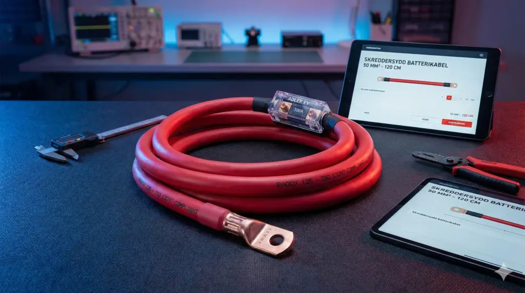 Skreddersydd rød batterikabel til båt med Adler EV-sikringsholder på et teknisk verksted, vist sammen med kabelkonfigurator fra Sikkerhet Om Bord på nettbrett.