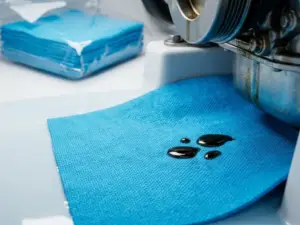 Nærbilde av en blå vannavvisende oljeabsorbent for båt som suger opp oljesøl under en båtmotor i kjølsvinet. Matten flyter på lensevannet. En zip-lock pose med ekstra absorbenter ligger i bakgrunnen.