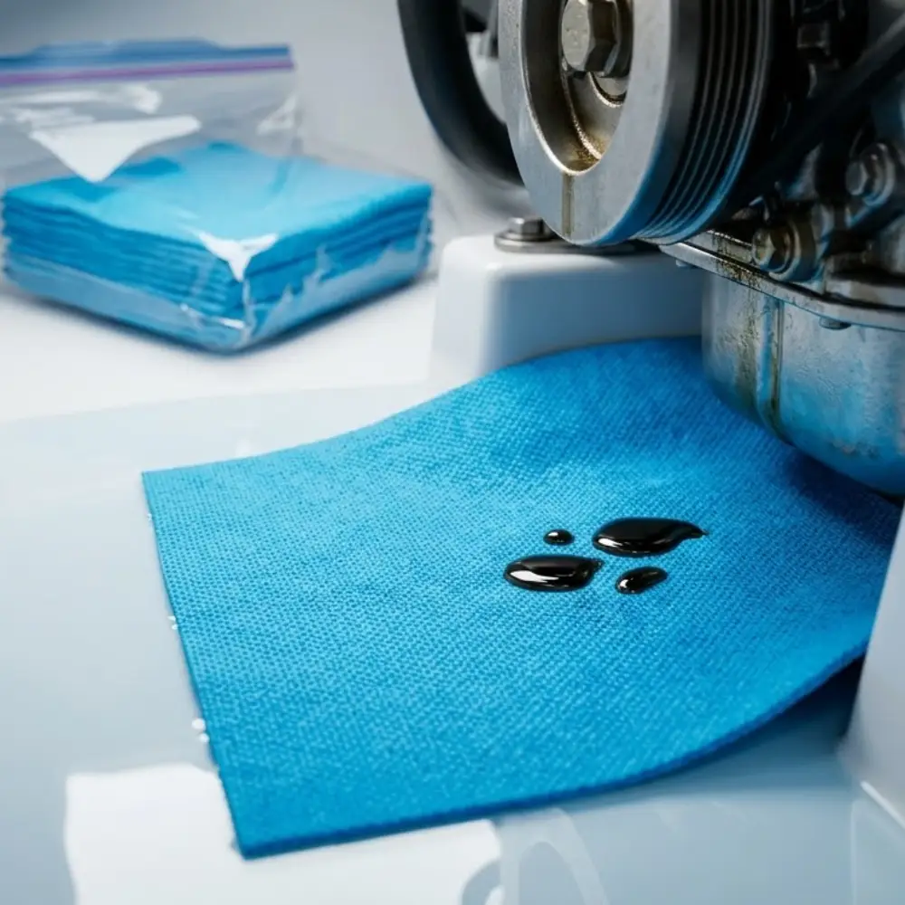 Nærbilde av en blå vannavvisende oljeabsorbent for båt som suger opp oljesøl under en båtmotor i kjølsvinet. Matten flyter på lensevannet. En zip-lock pose med ekstra absorbenter ligger i bakgrunnen.