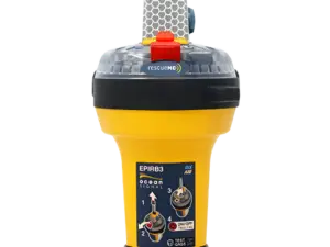 Gul Ocean Signal rescueME EPIRB3 nødpeilesender med innebygd AIS og RLS, beregnet for fritidsbåt og yrkesfartøy.