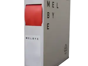 Rød Melbye krympestrømpe uten lim i spoleboks, for sikker fargekoding av pluss-kabler (+) og maritime strømanlegg.