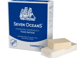 Seven OceanS nødrasjon 500g vakuumpakket i aluminiumsfolie. Godkjent nødproviant med 2500 kcal for livbåt og hjemmeberedskap.
