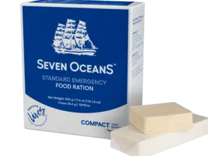 Seven OceanS nødrasjon 500g vakuumpakket i aluminiumsfolie. Godkjent nødproviant med 2500 kcal for livbåt og hjemmeberedskap.