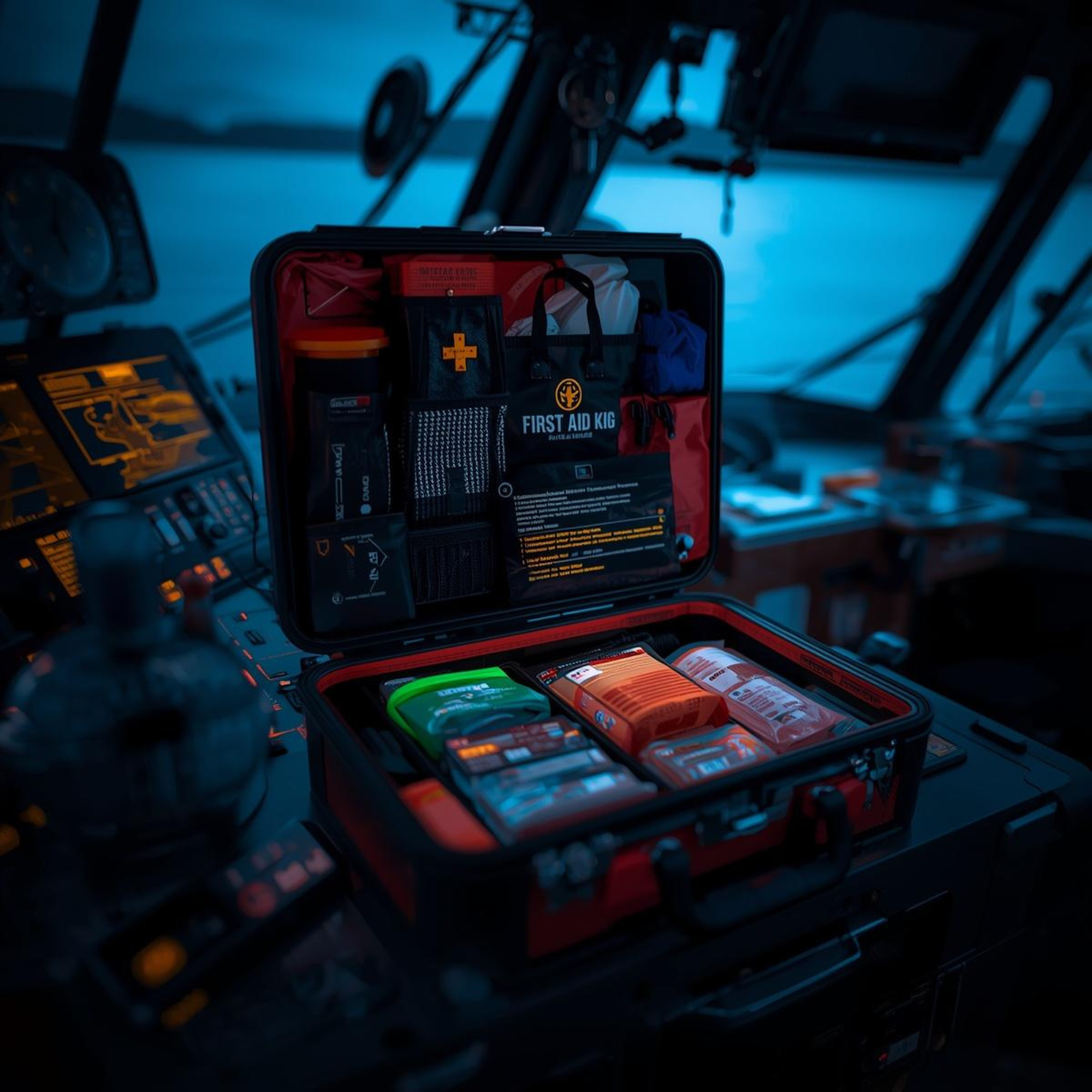 Åpen maritim førstehjelp-koffert i båtens styrehus med navigasjonsutstyr synlig i bakgrunnen – viser organisert innhold med bandasjer, kompresser og utstyrspakker