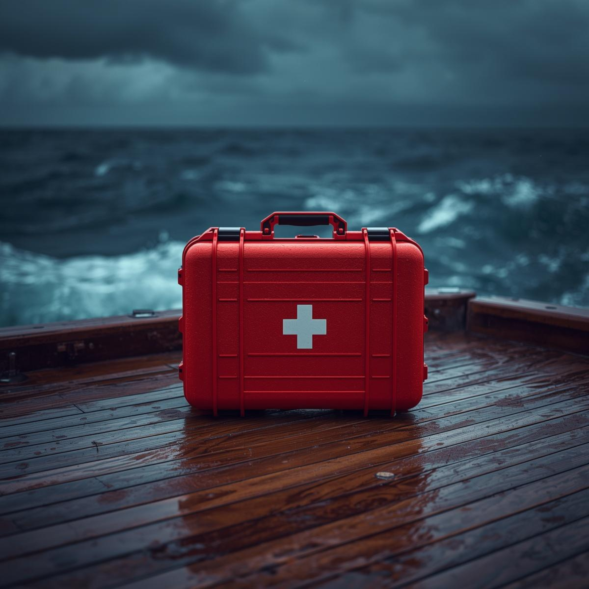 Vanntett rød førstehjelp-koffert på vått båtdekk med stormfullt hav i bakgrunnen – maritim beredskap fra Sikkerhet Om Bord AS