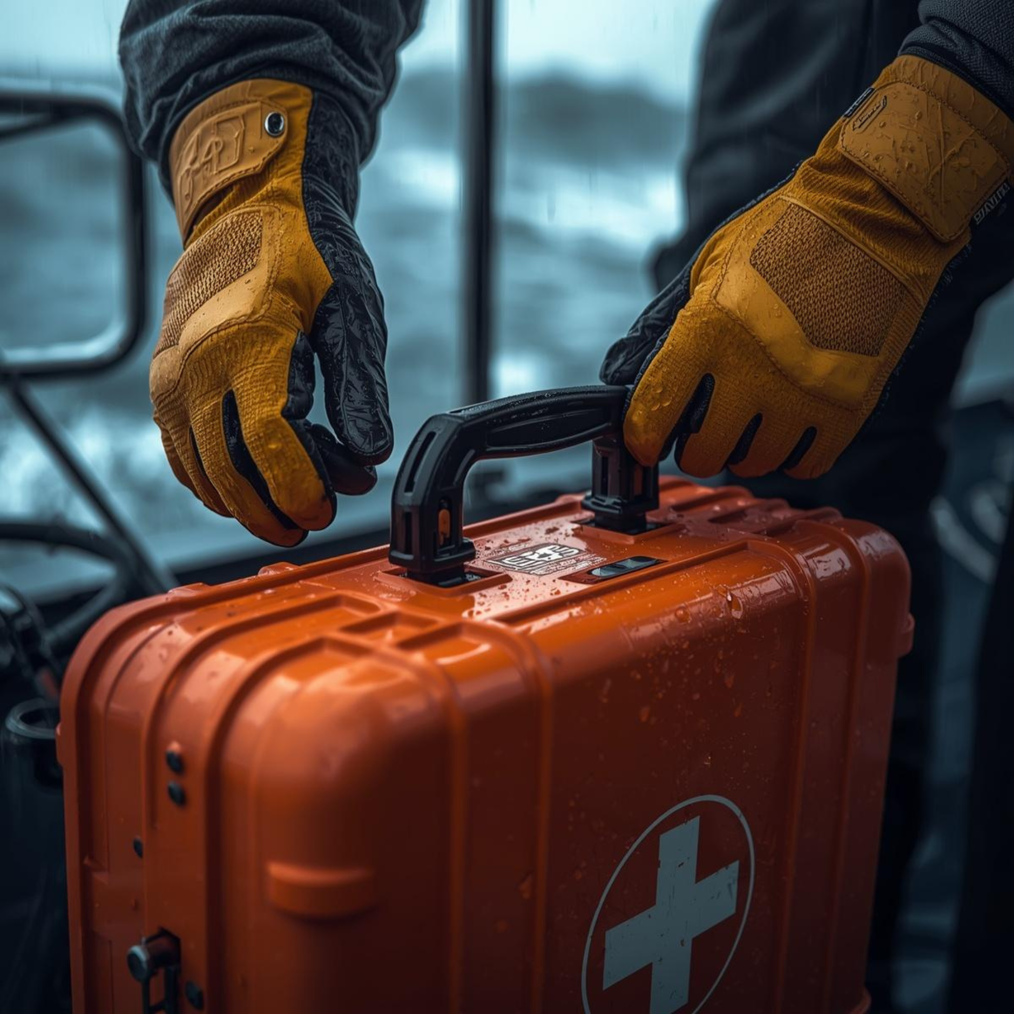 Person med maritime arbeidshandsker griper tak i en oransje vanntett førstehjelp-koffert om bord i regnvær – klar til umiddelbar bruk