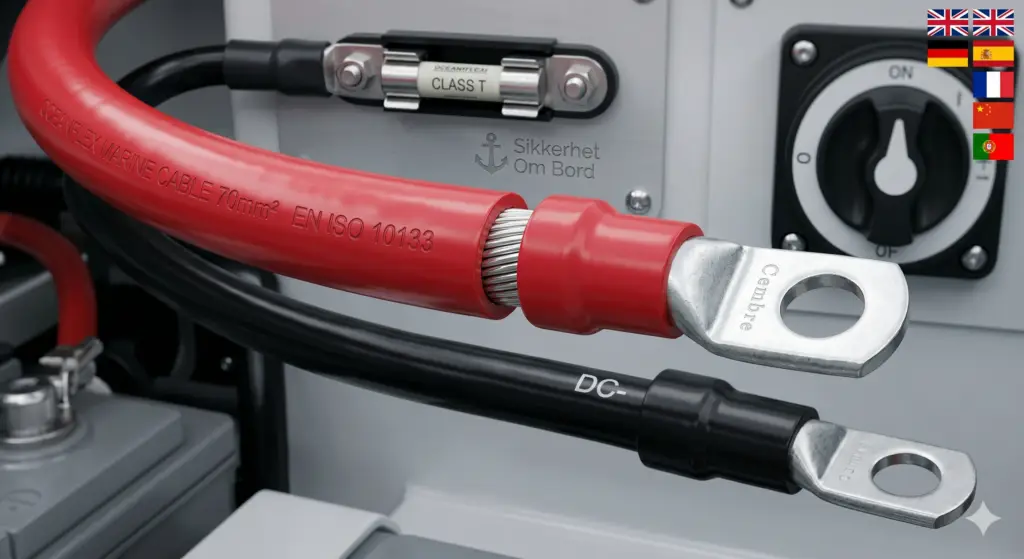 Nærbilde av rød og svart fortinnet batterikabel i båt, profesjonelt terminert med Cembre rørkabelsko. Viser også Klasse T-sikring og gnistsikker hovedbryter montert i henhold til EN ISO 10133.