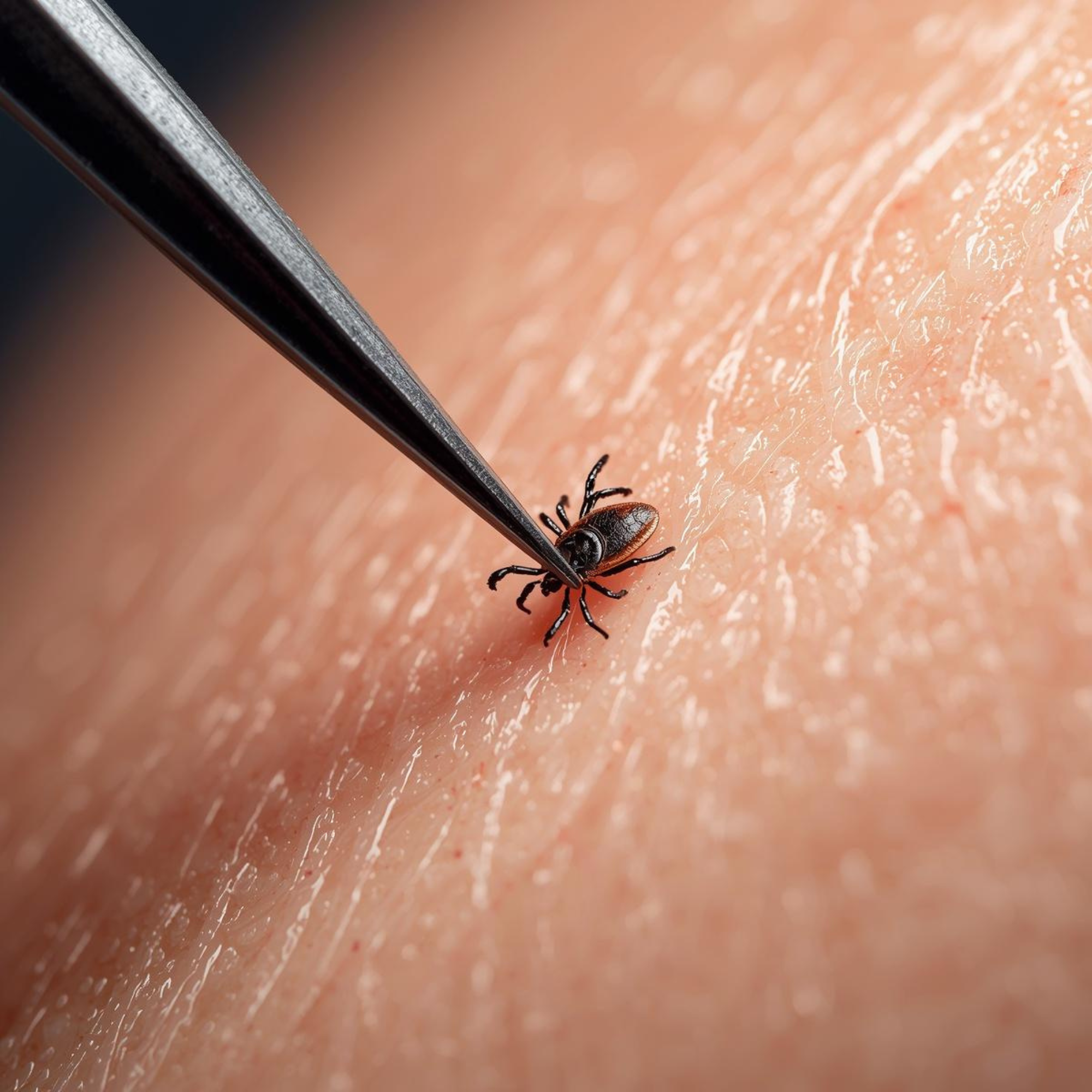 Nærbilde av korrekt fjerning av flått fra hud ved bruk av flåttpinsett for å unngå borreliose-smitte
