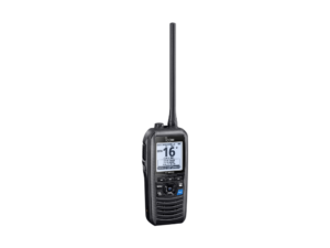 Icom IC-M94DE bærbar maritim VHF-radio med AIS-mottaker og DSC, sett forfra – Sikkerhet Om Bord AS